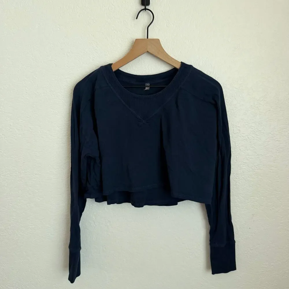 Free People FP Movement Stay With It Layer Long Sleeve Top Midnight Navy Blue XS